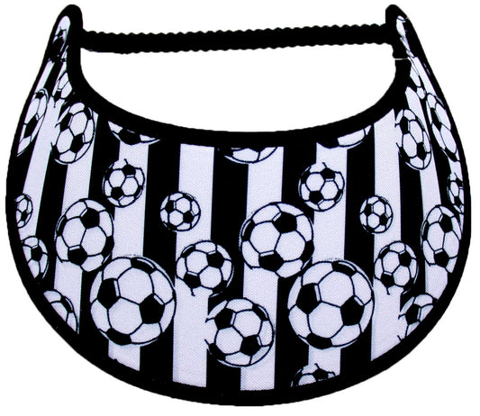 Foam sun visor with  soccer balls on black and white stripe