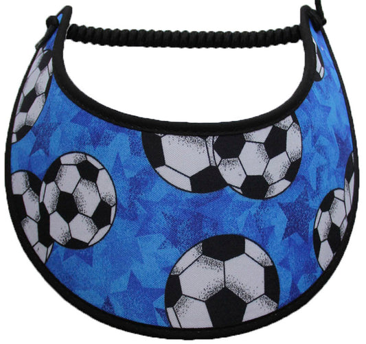 Foam sun visor with large soccer balls light blue background.