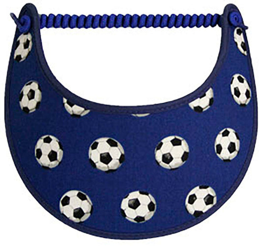 Foam sun visor with small soccer balls navy blue background.