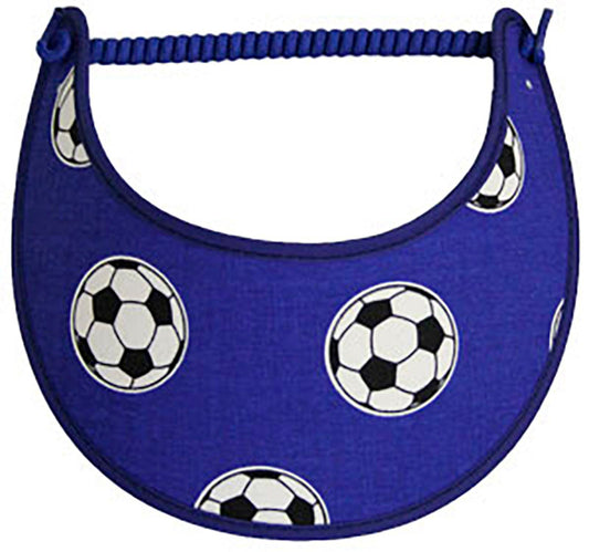 Foam sun visor with soccer balls royal blue background.