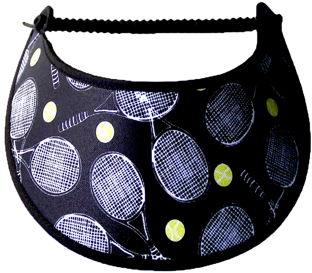 Foam sun visor with tennis rackets & balls on a black background