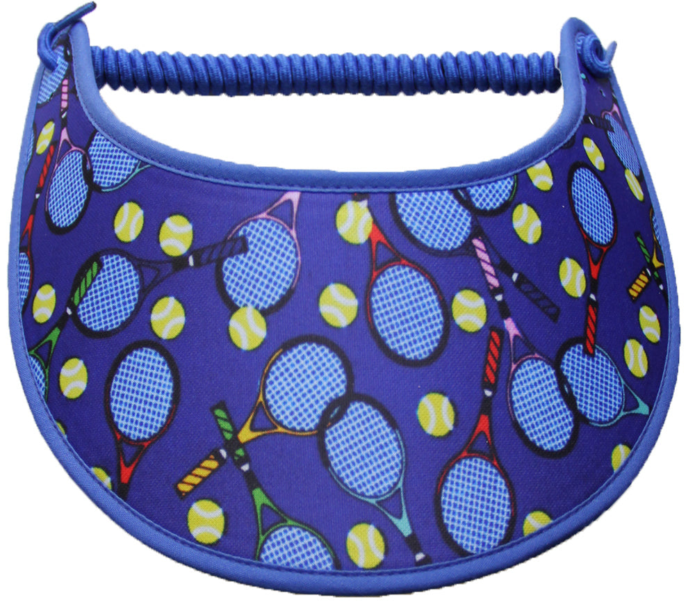 Ladies sun visor with tennis balls and racquets on blue