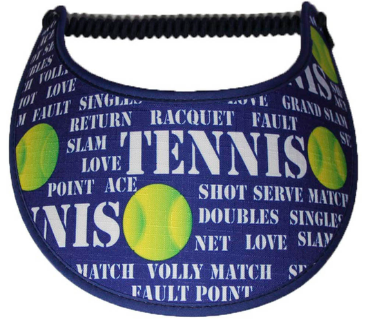 Ladies foam sun visor with words pertaining to tennis on blue