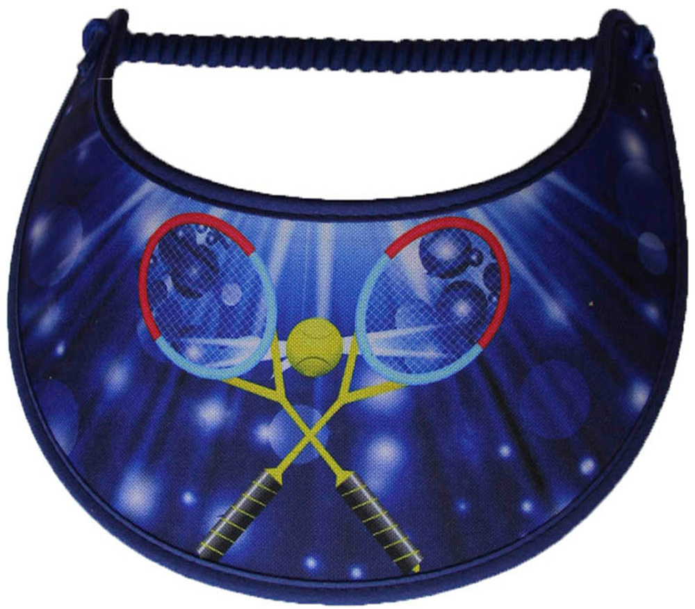 Ladies foam tennis visor with tennis rackets on blue background