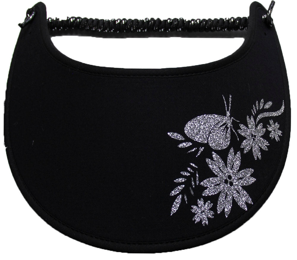 Flowers and Butterfly in Silver Bling on Black Sun Visor