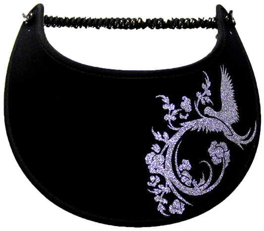 SILVER Glitzy Bird and Flower on Black Sun Visor