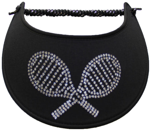 Tennis Sun Visor with a  Silver Racquet Design on a Black Background, Featuring Black-Trimmed Edges