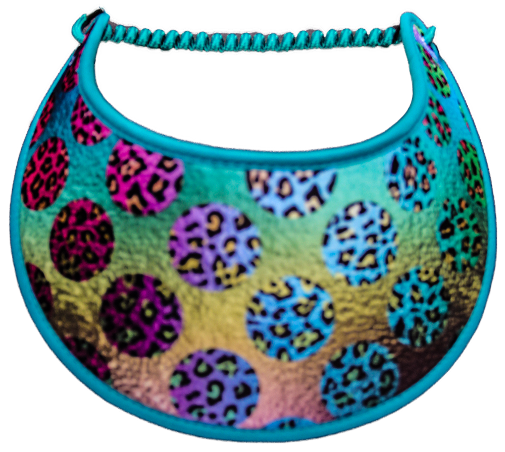 Sun Visor with leopard dots on rainbow colored background and edges trimmed with fabric.
