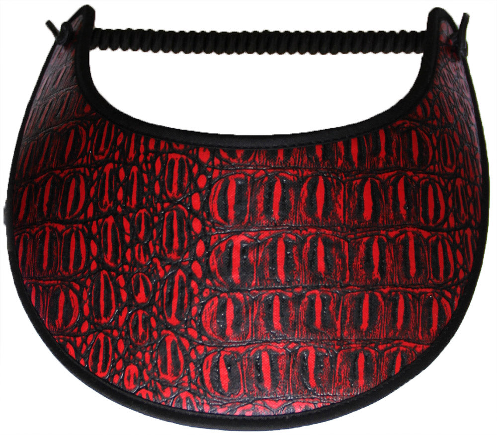 Ladies sun visor with alligator design on red & black faux leather