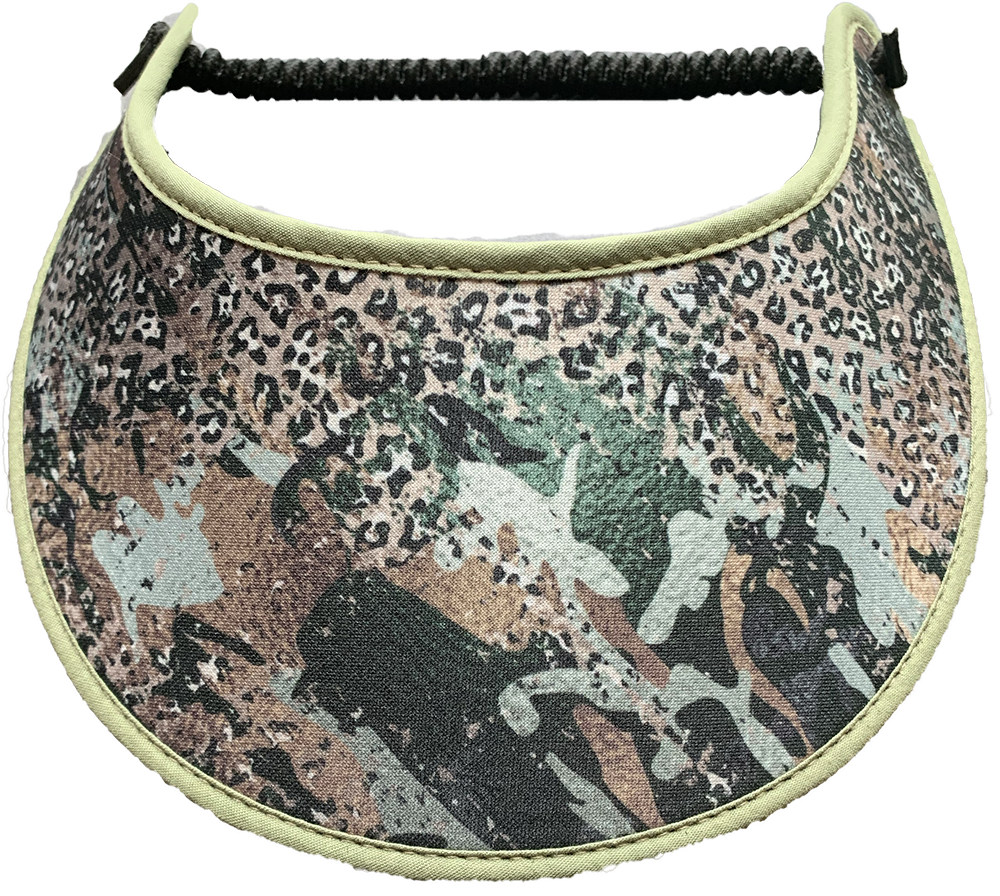Sun Visor with a leopard design on a camo background. Edges are trimmed in Sage Green