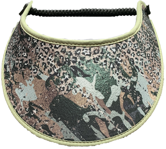 Sun Visor Features a Leopard Design on Camo, Trimmed with Sage Green Fabric.