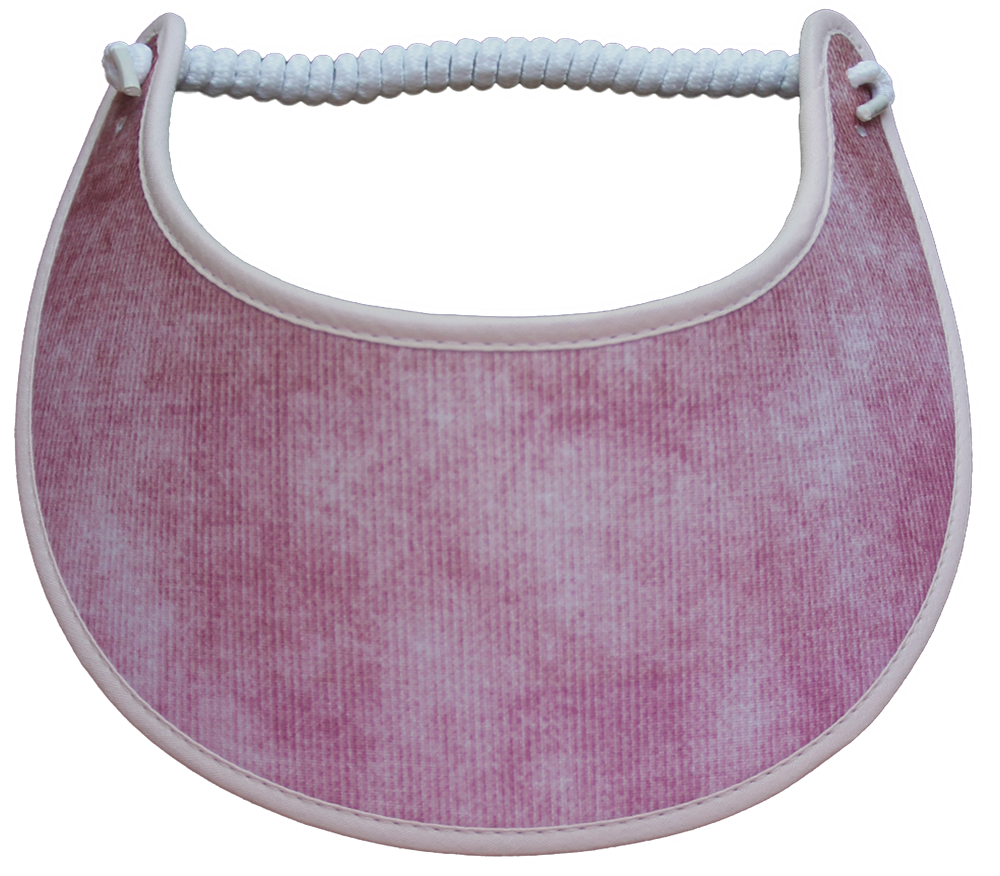 A foam sun visor that comes in various hues of pink and is trimmed with a soft pink material. The visor is trimmed to provide optimal comfort on the forehead and helps aid the absorption of sweat 