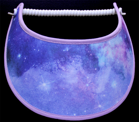 Foam sun visor in shades of blues and lavenders trimmed in lavender