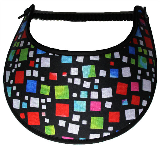 Foam sun visor with multicolored squares on black background.