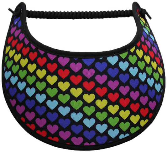 Foam sun visor with multicolored hearts on a black background.