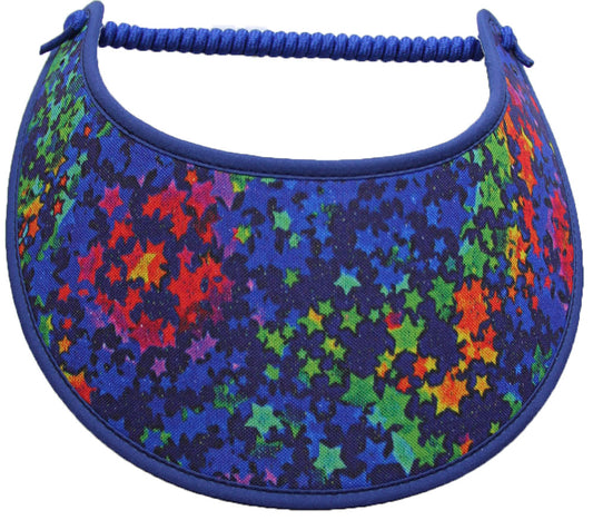 Foam sun visor with multicolored stars on blue.