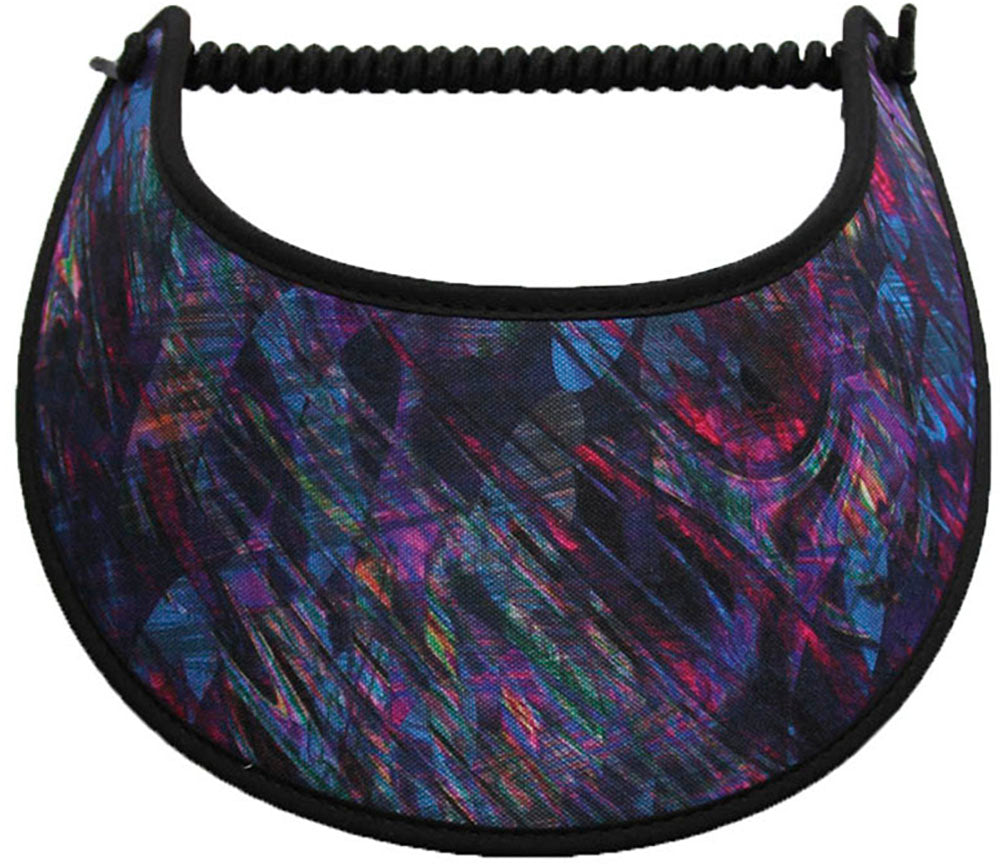 Foam sun visor with a purple, blue and black abstract design.