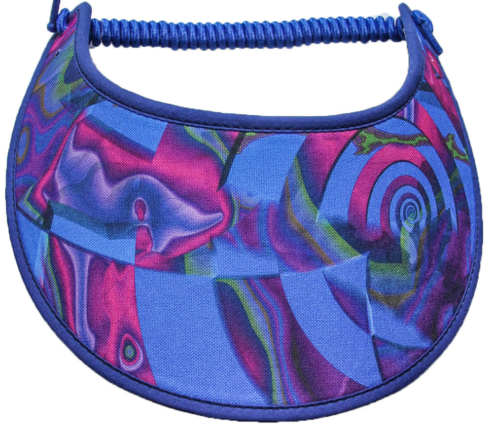 Foam sun visor with abstract design in shades of purple on royal blue
