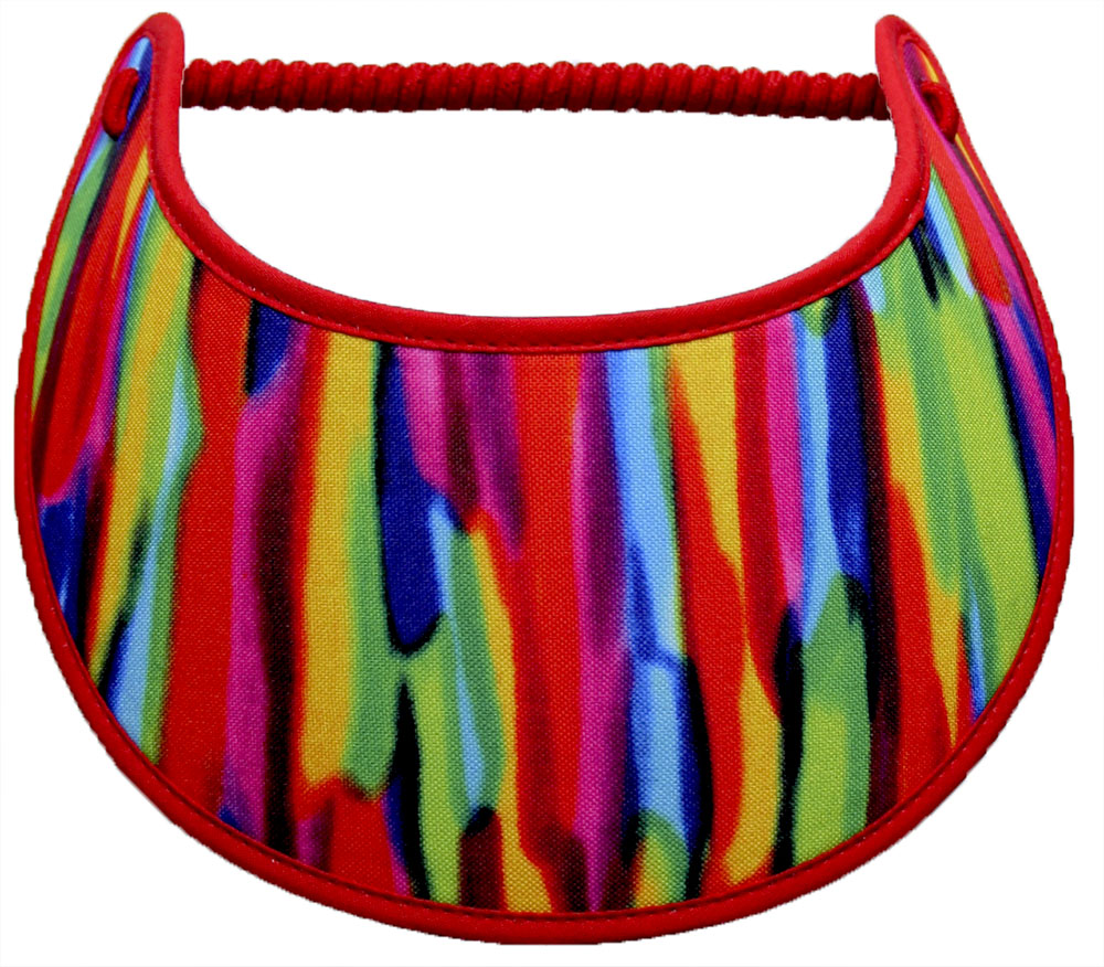 Foam sun visor with bright colors of red, blue, yellow and lime green:
