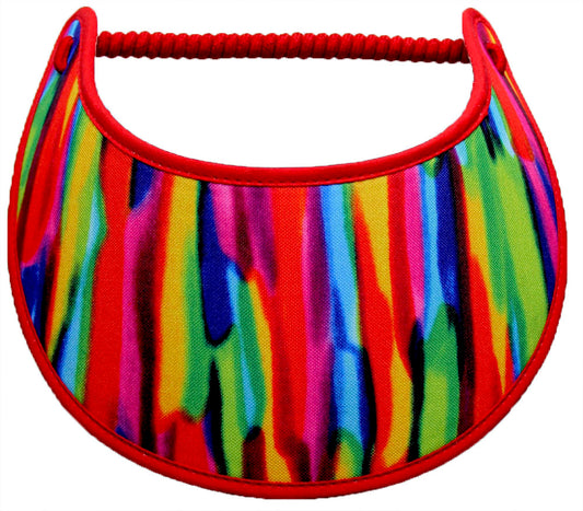 Foam sun visor with bright colors of red, blue, yellow and lime green: