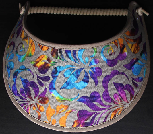 Foam sun visor with multicolored damask on tan trimmed in khaki
