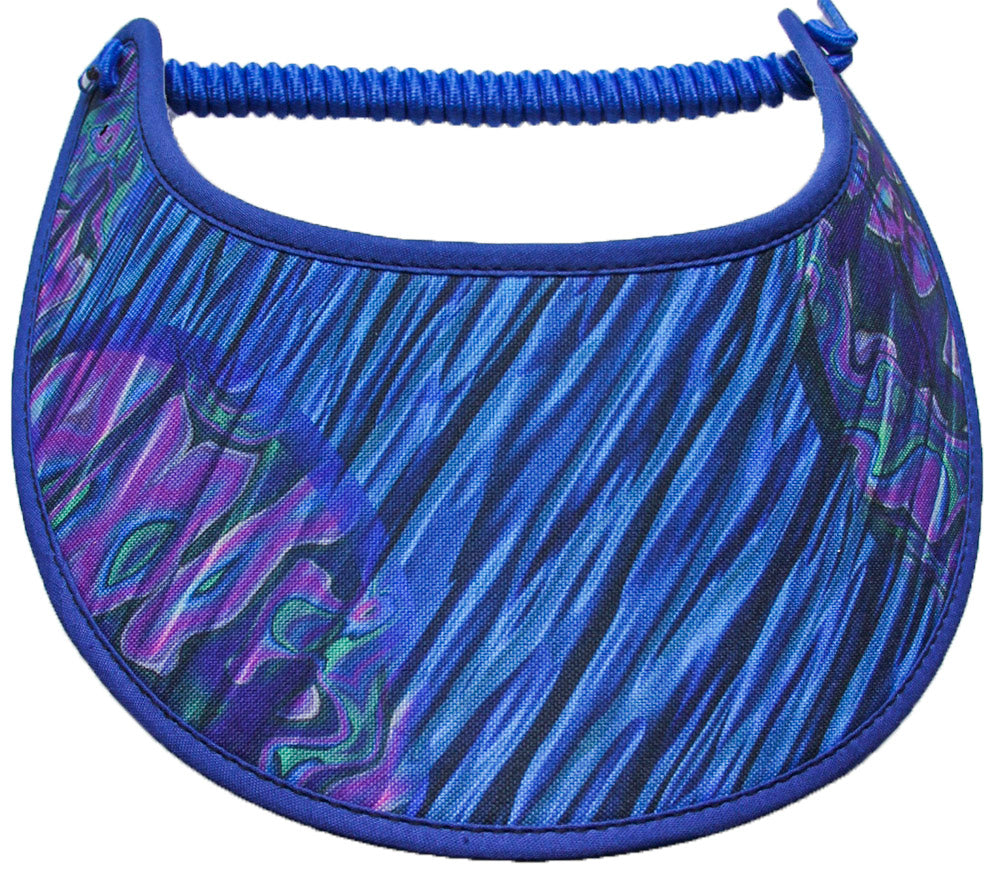 Foam sun visor with abstract design in purple, blue and green