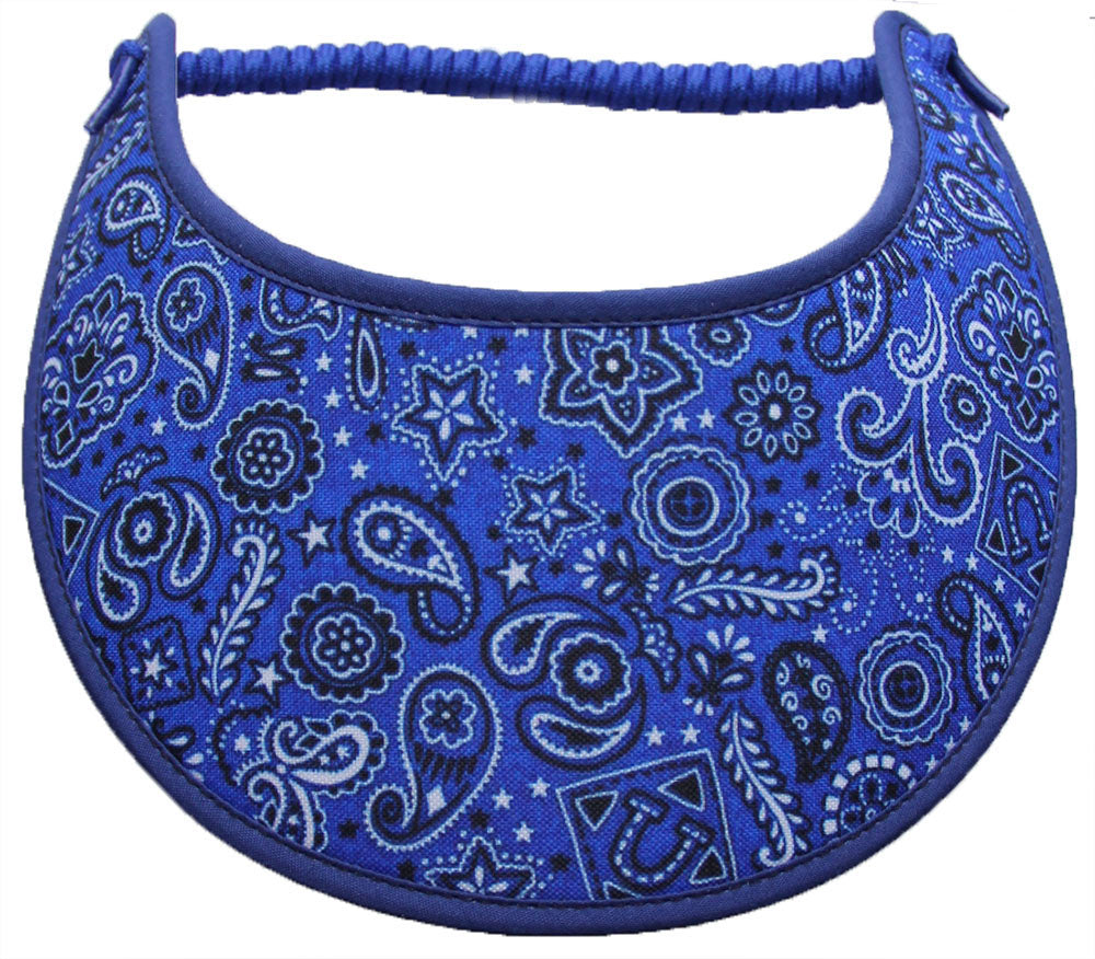 Foam sun visor with paisleys and other designs on blue