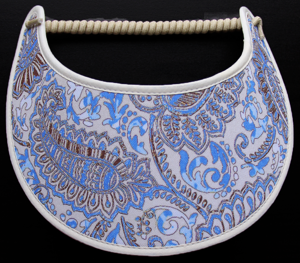 M620 Paisley Sun Visor with Blue & Brown  on Creme Trimmed in Creme