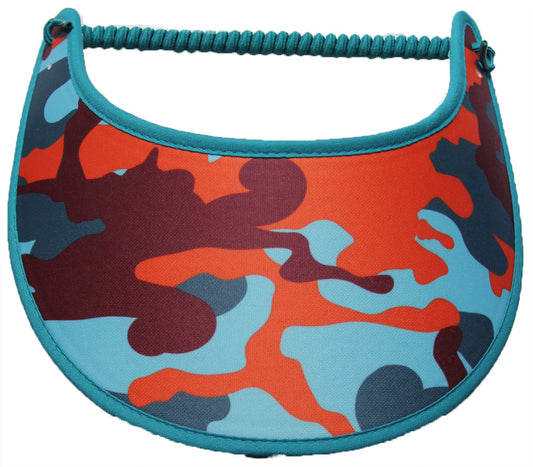 Ladies camo sun visor in dark & light teal with orange and burgundy