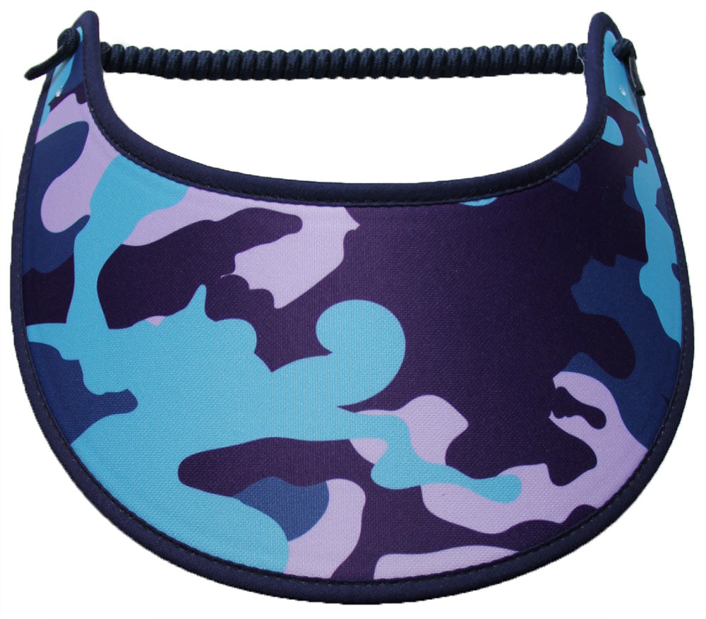 Ladies camo sun visor in purple, navy, and aqua