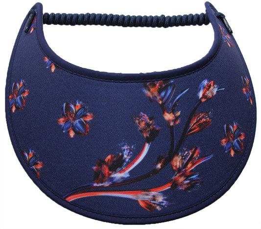 Ladies sun visor with copper colored digital flowers on navy
