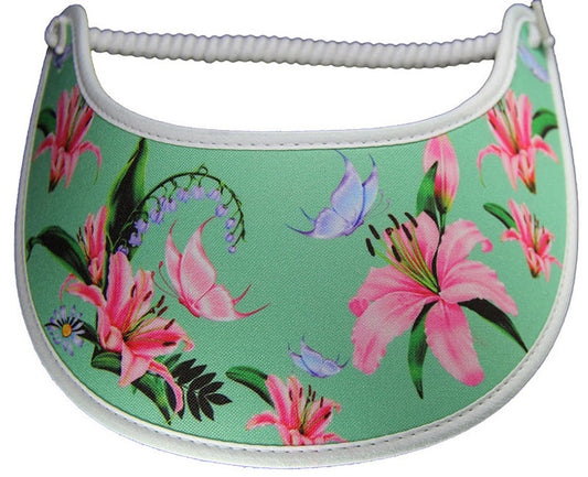 Visor with pink lilies & lavender butterflies on light green background