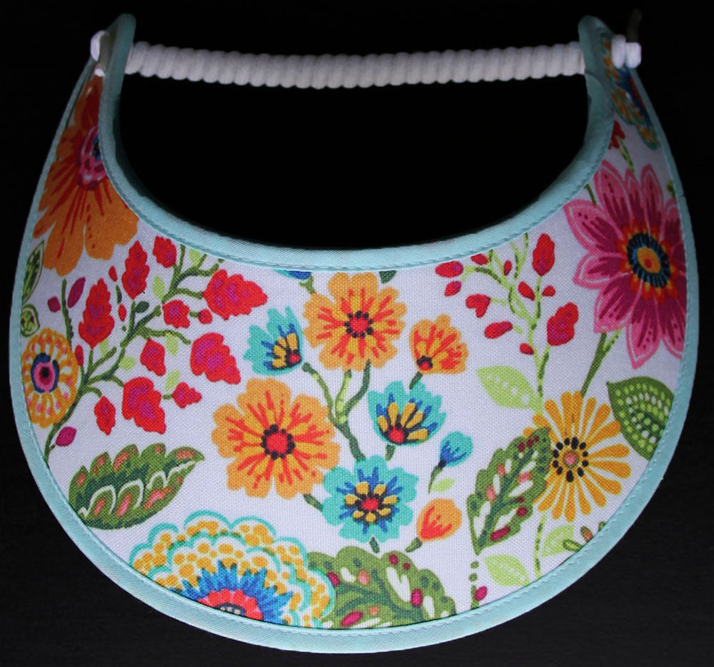 Foam sun visor with flowers in orange, red, and teal