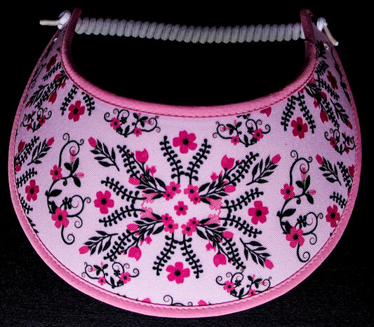 Ladies foam sun visor tiny pink flowers with black accents on pink