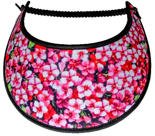 Sun visor with Small Flowers Accented in White on Black with Black Trim