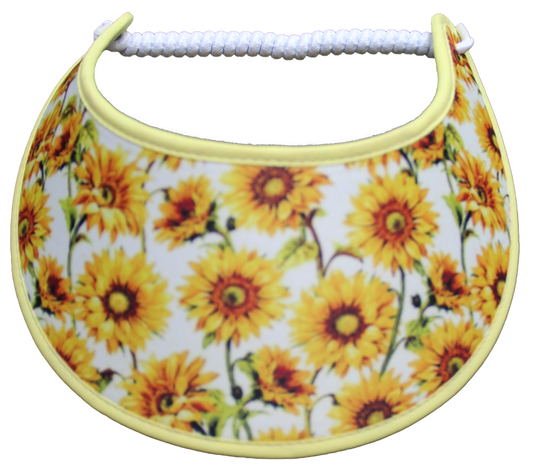 Yellow Flowers on White Sun Visor Trimmed in Yellow