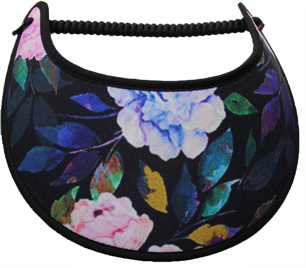 Lady foam sun visors with pastel flowers and darker leaves on black