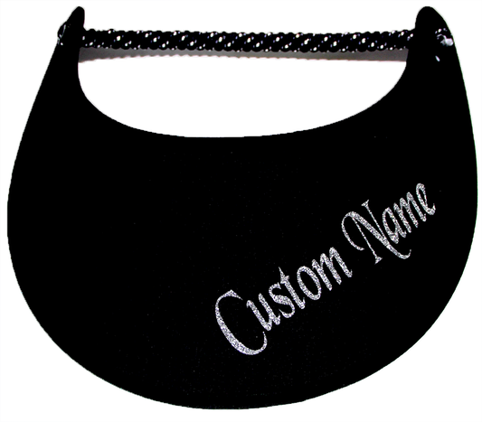 Foam sun visor with your custom name in silver on black