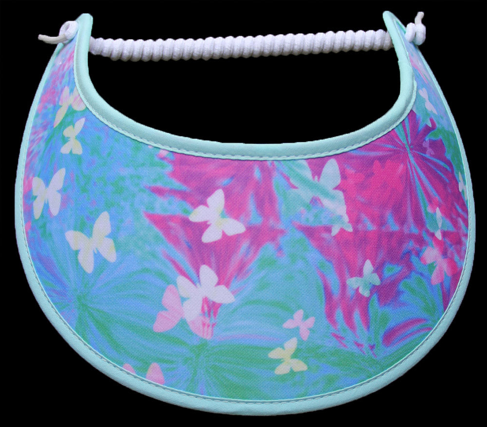 Ladies sun visor in pastel colors of aqua, green, pink with white butterflies