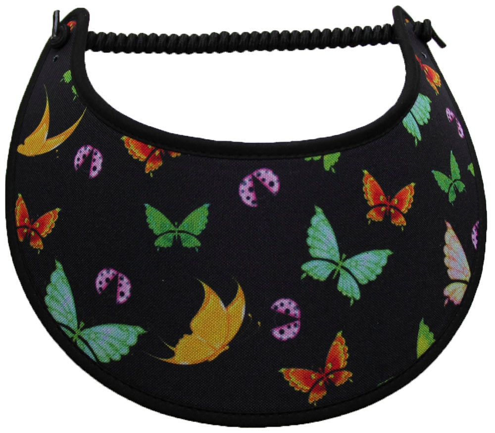 Foam sun visor with small butterflies in assorted colors on black