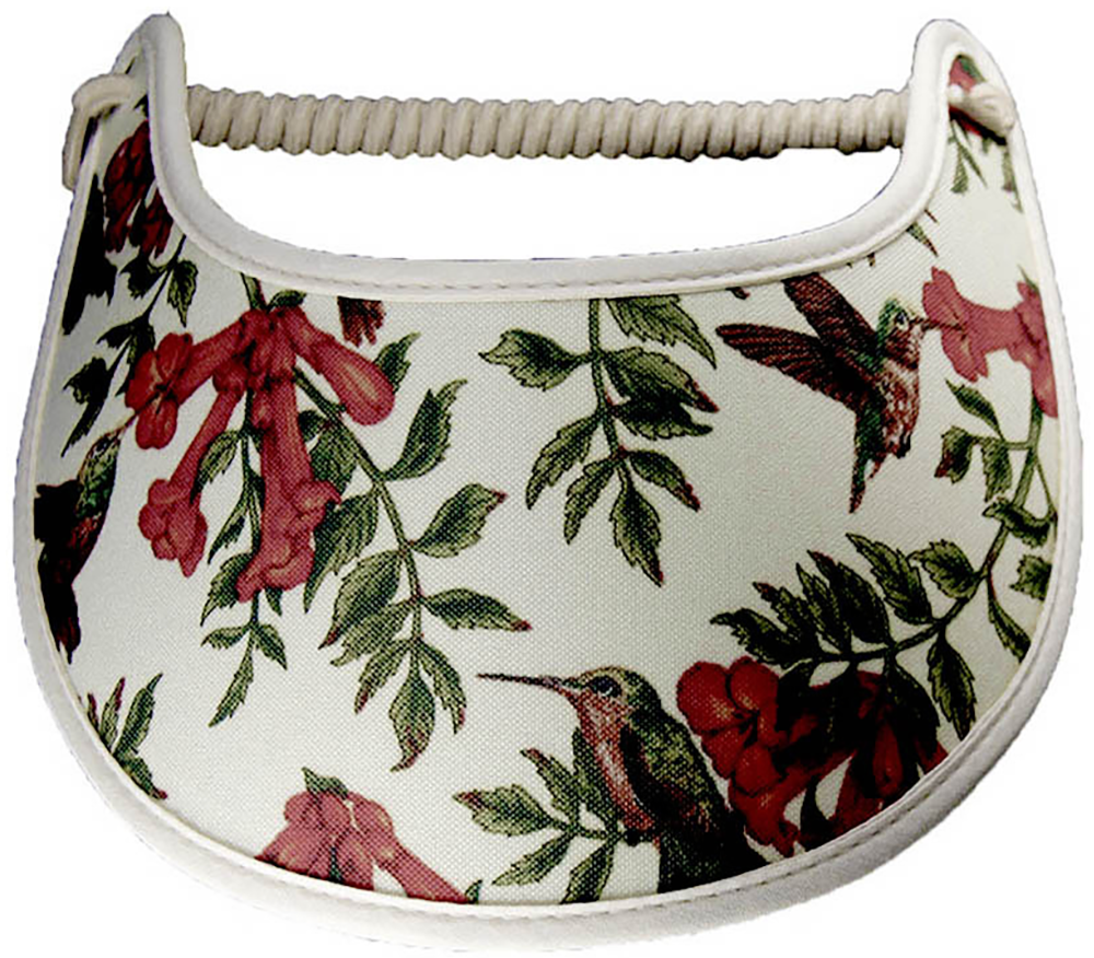 Foam sun visor with hummingbirds and flowers trimmed with cream fabric