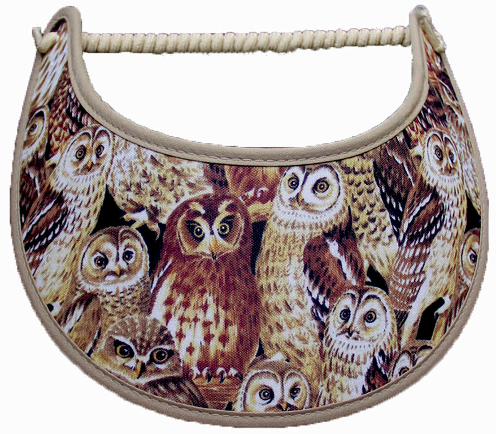 Foam sun visor with owls in shades of brown and edges trimmed with khaki fabric