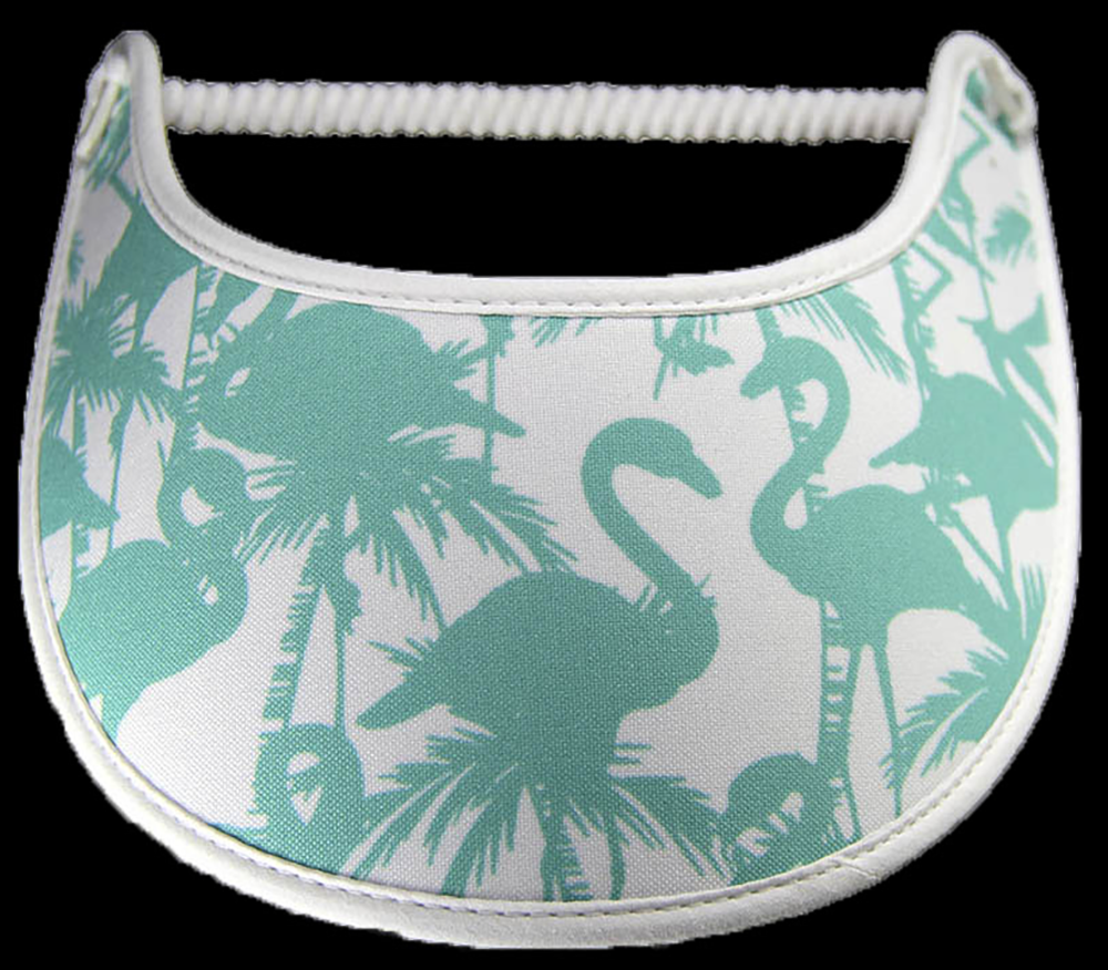Foam sun visor with aqua silhouettes of flamingoes on white