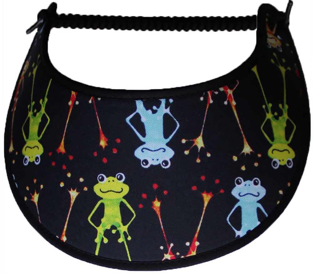 Foam sun visor with standing frogs on black background