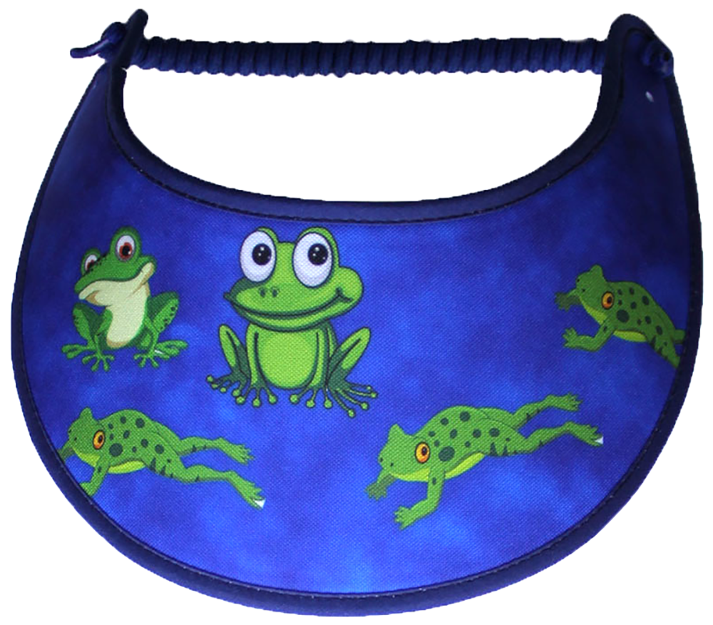 Foam sun visor with green frogs on a royal blue background