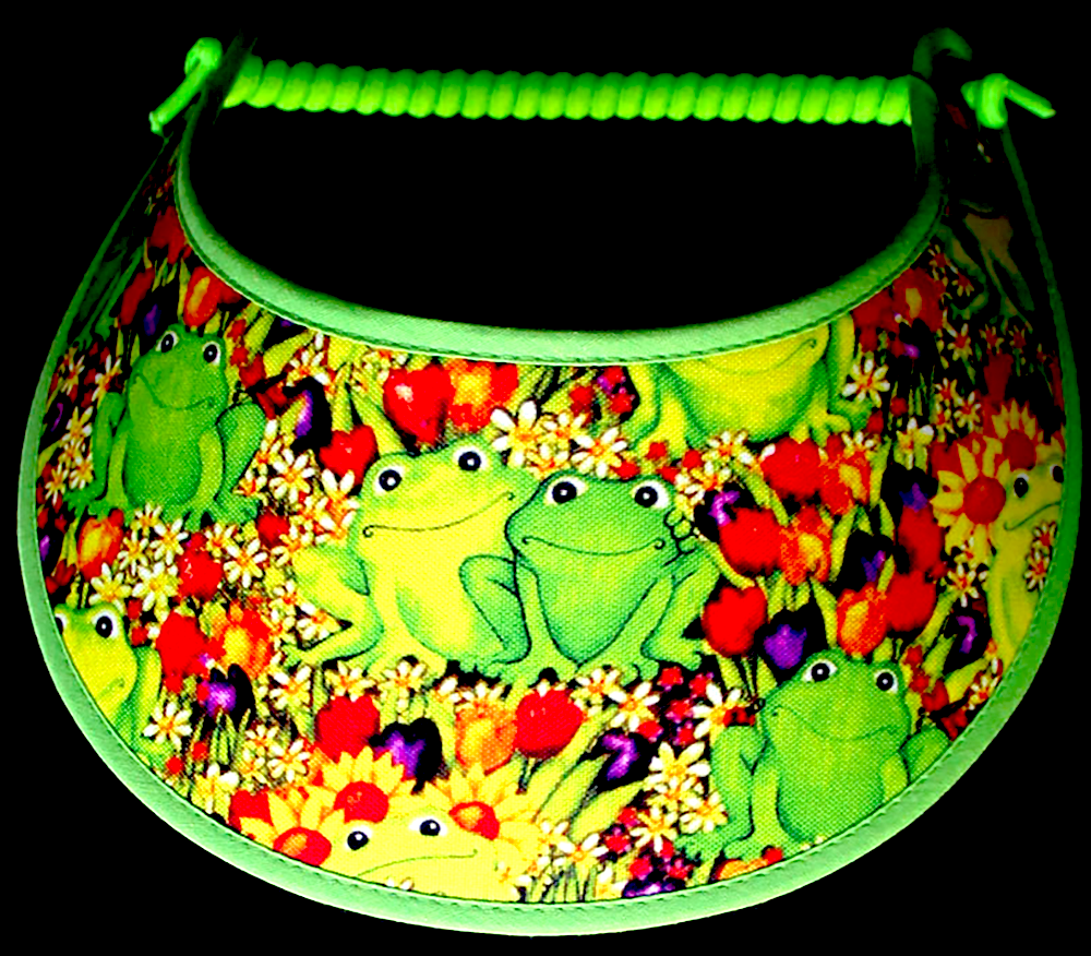  Ladies foam sun visor with green frogs sitting in the tulips