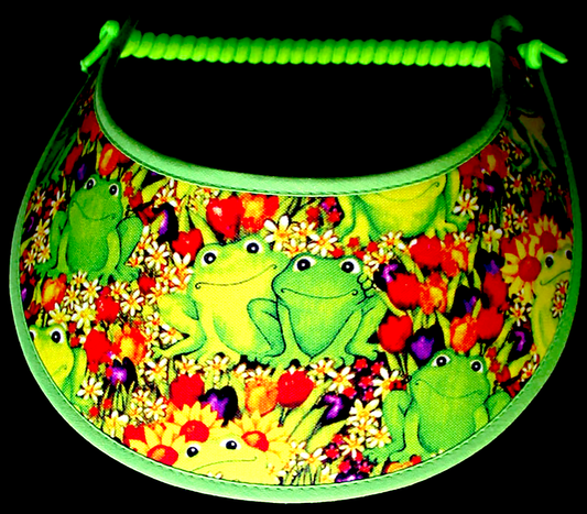  Ladies foam sun visor with green frogs sitting in the tulips