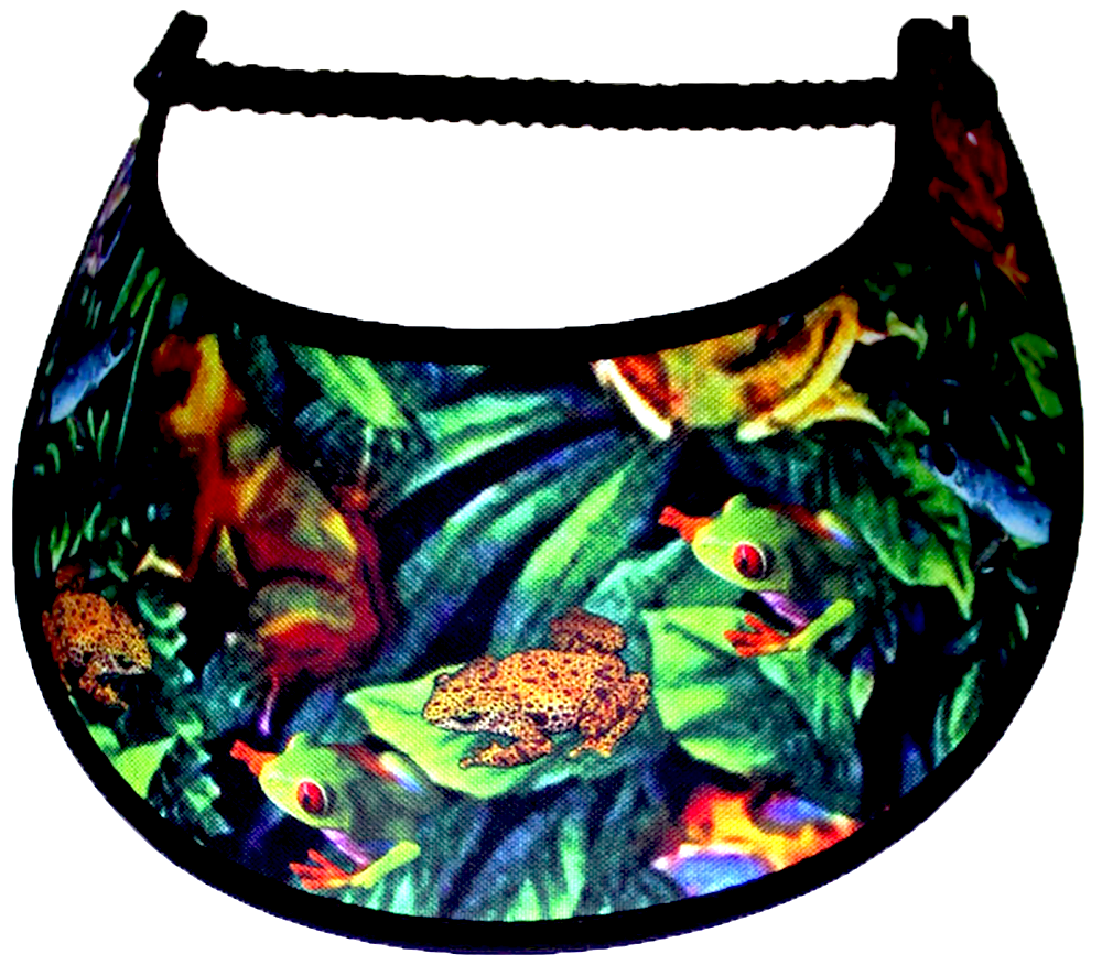Foam sun visor with multicolored frogs sitting on green leaves