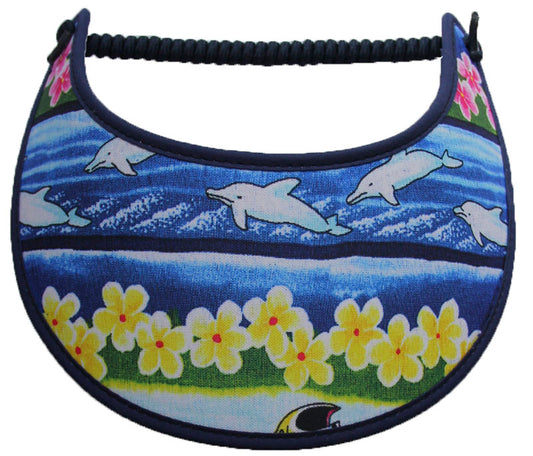 Foam sun visor with dolphins and flowers.