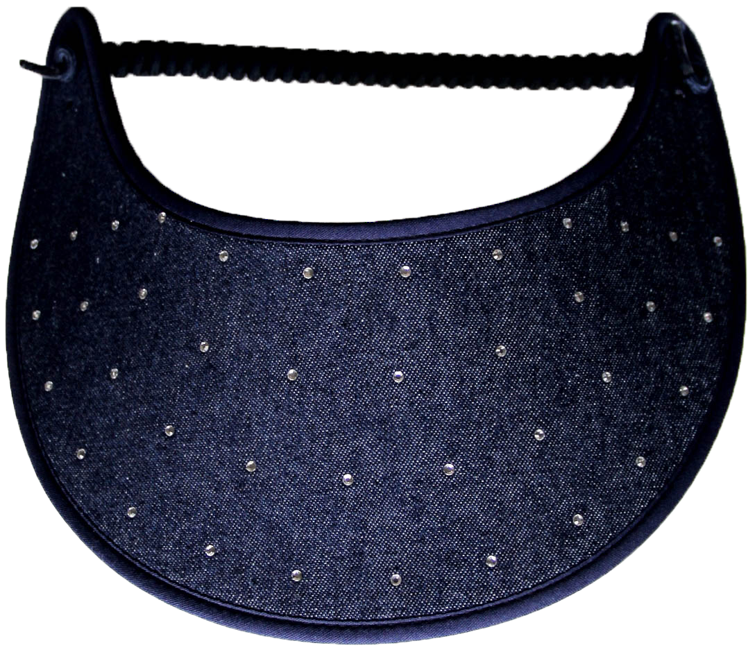 Foam sun visor with rhinestones on dark denim